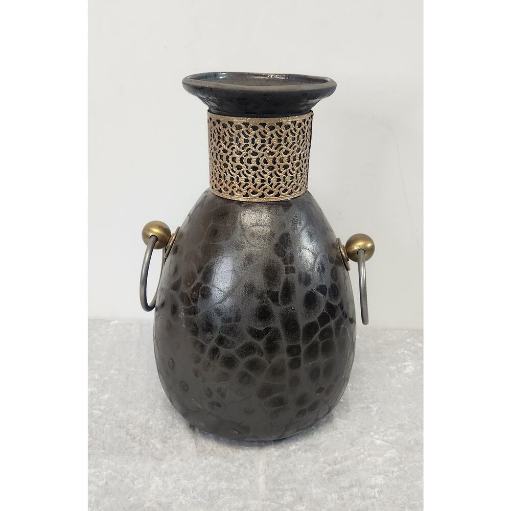 Vintage TONY EVANS Raku Pottery Large Vase Metal Ring Handles-Hgt 14.5"